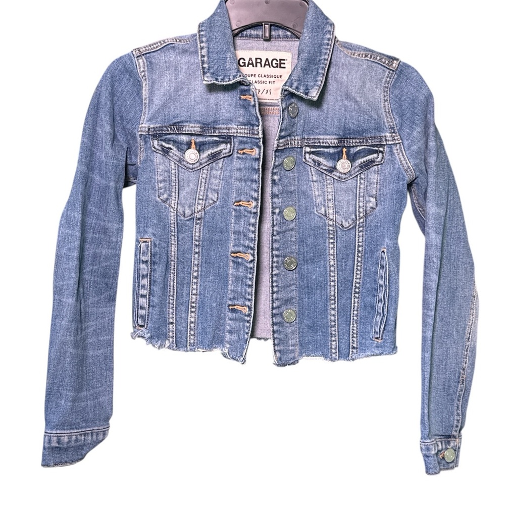 Garage distressed denim jacket with frayed detailing and button-up closure